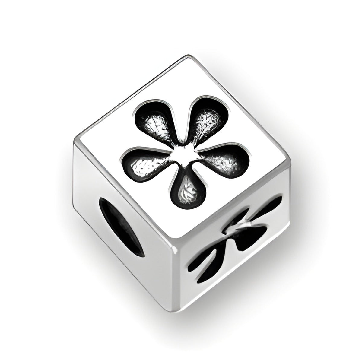 4.5mm square letter block bead in sterling silver featuring a flower symbol design, with a 2mm hole.