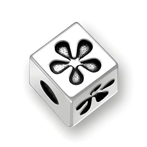4.5mm square letter block bead in sterling silver featuring a flower symbol design, with a 2mm hole.