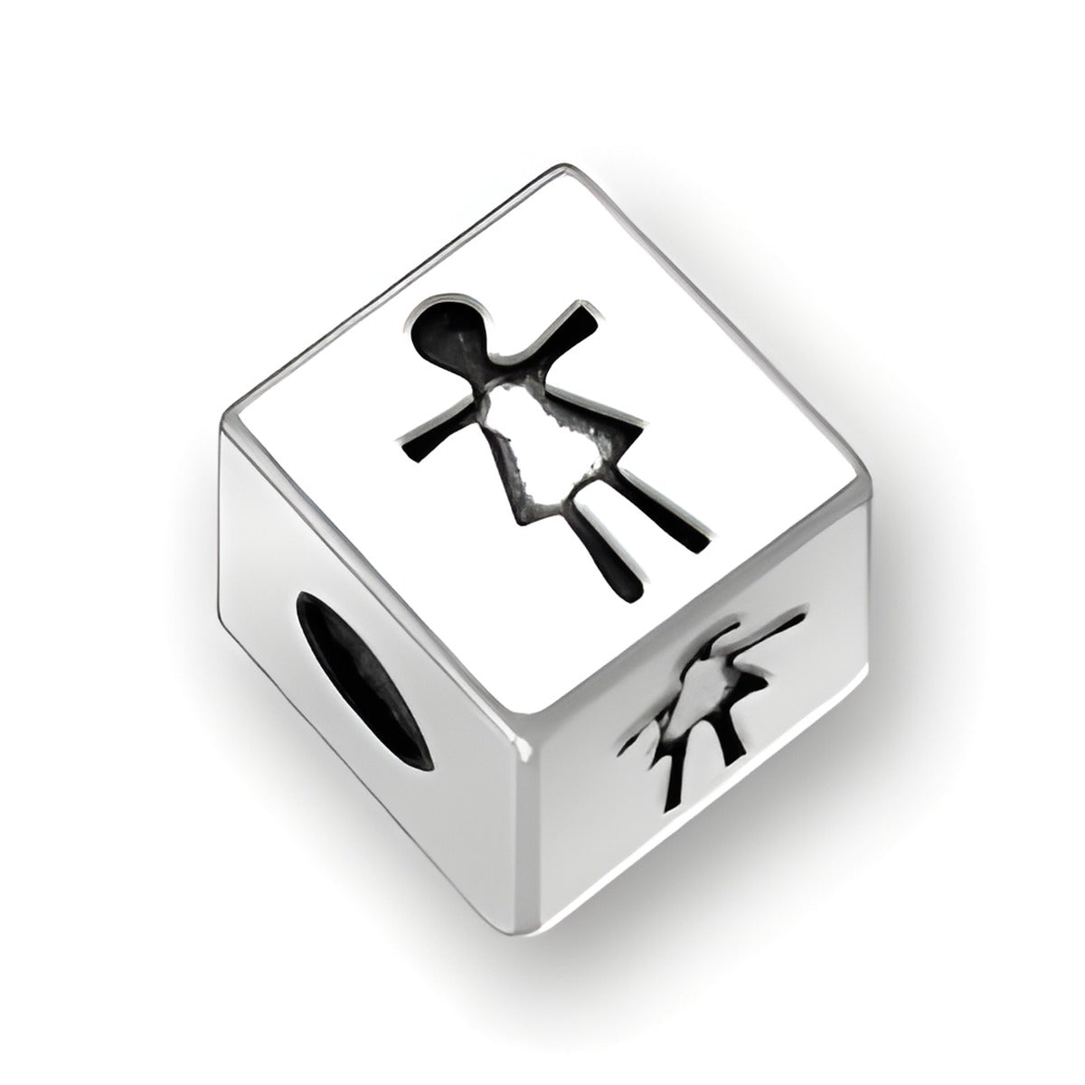 4.5mm square sterling silver letter block bead featuring a cut-out girl symbol, with a 2mm hole for threading.