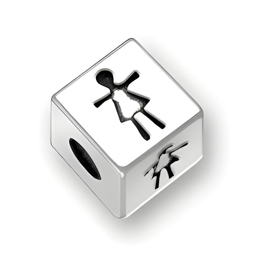 4.5mm square sterling silver letter block bead featuring a cut-out girl symbol, with a 2mm hole for threading.