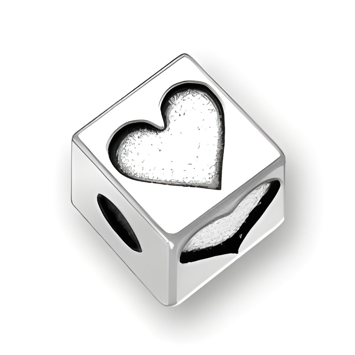 4.5mm square sterling silver letter block bead with a heart symbol cutout and a 2mm hole.
