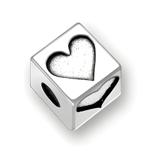 4.5mm square sterling silver letter block bead with a heart symbol cutout and a 2mm hole.