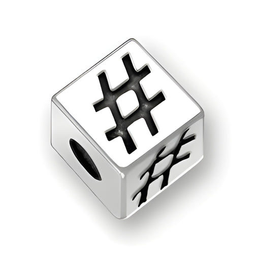 4.5mm Square Letter Block Bead in sterling silver featuring a number sign/hashtag design with a 2mm hole.
