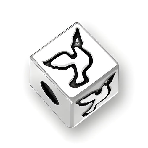 4.5mm square sterling silver letter block bead featuring a peace dove symbol, with a 2mm hole.