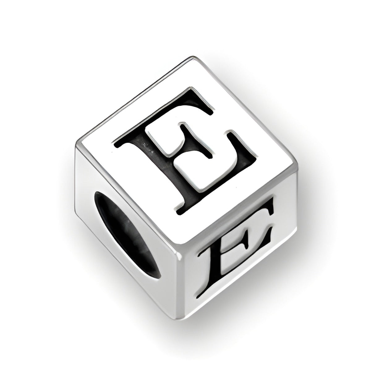 4.5mm square sterling silver letter block bead featuring the letter 'E' with a 2mm hole for jewelry making.