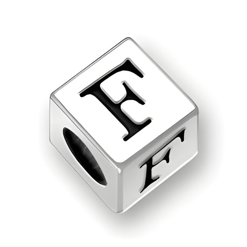 4.5mm square sterling silver letter block bead featuring the letter 'F', with a 2mm hole for threading.
