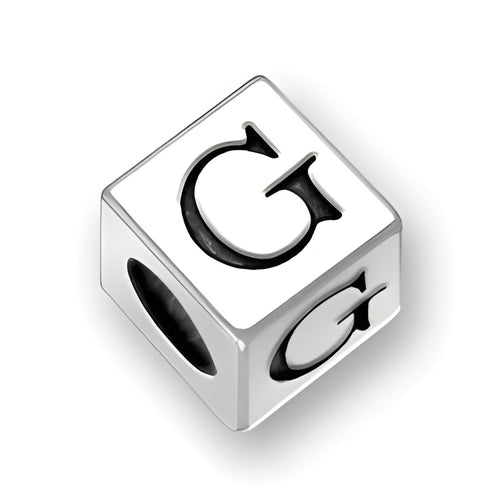 4.5mm square letter block bead in sterling silver featuring the letter 'G' with a 2mm hole for threading.
