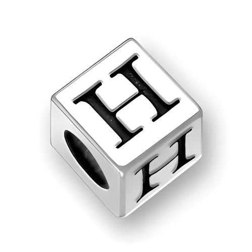 4.5mm square letter block bead in sterling silver featuring the letter 'H' with a 2mm hole for threading.