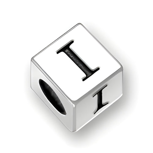 4.5mm square letter block bead in sterling silver featuring the letter 'I' with a 2mm hole for threading.