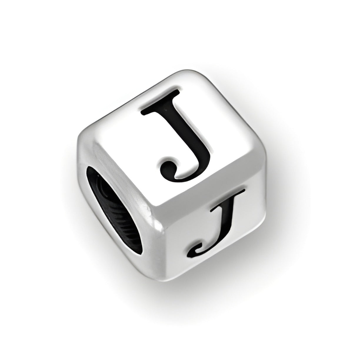 4.5mm rounded square letter block bead in sterling silver featuring the letter 'J' with a 3mm hole.