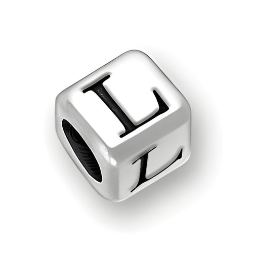 4.5mm rounded square letter block bead in sterling silver featuring the letter 'L' with a 3mm hole.