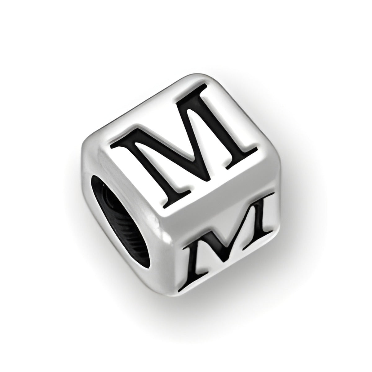 4.5mm rounded square letter block bead in sterling silver, featuring the letter 'M' on two sides and a 3mm hole.
