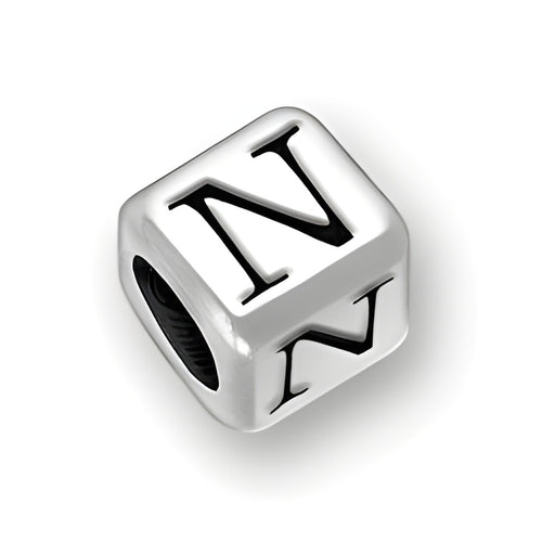 4.5mm rounded square letter block bead in sterling silver featuring the letter 'N' with a 3mm hole.