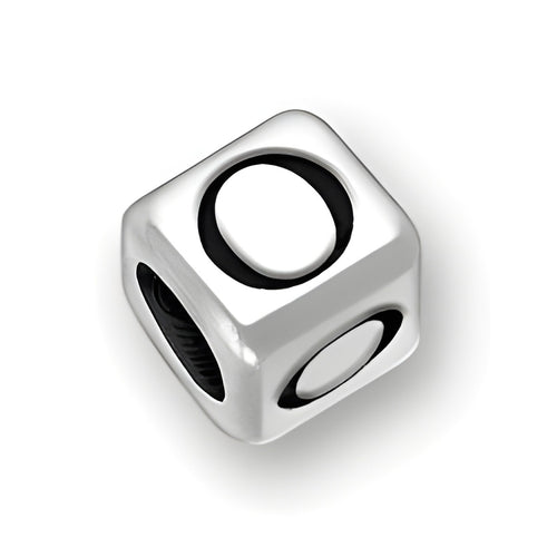 4.5mm rounded square letter block bead in sterling silver featuring the letter 'O', with a 3mm hole for threading.