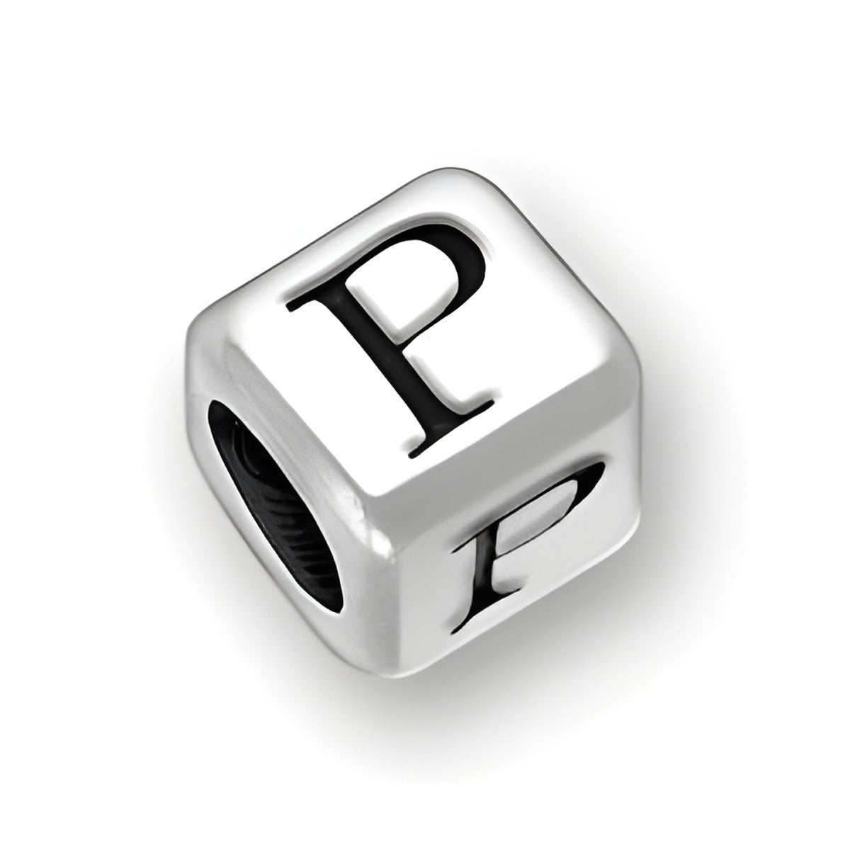 4.5mm rounded square letter block bead in sterling silver, featuring the letter 'P' with a 3mm hole.
