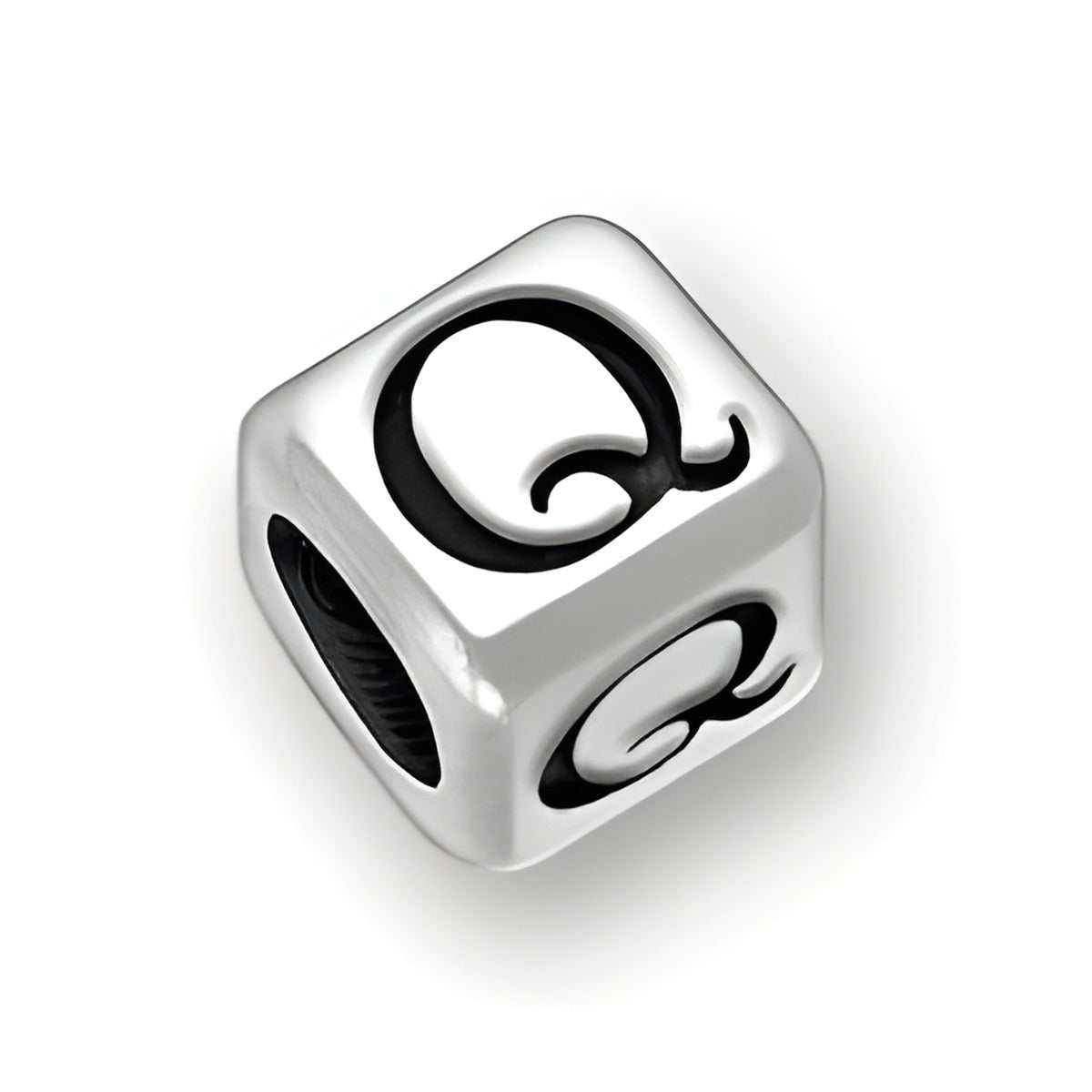 4.5mm rounded square sterling silver letter block bead featuring the letter 'Q' with a 3mm hole.
