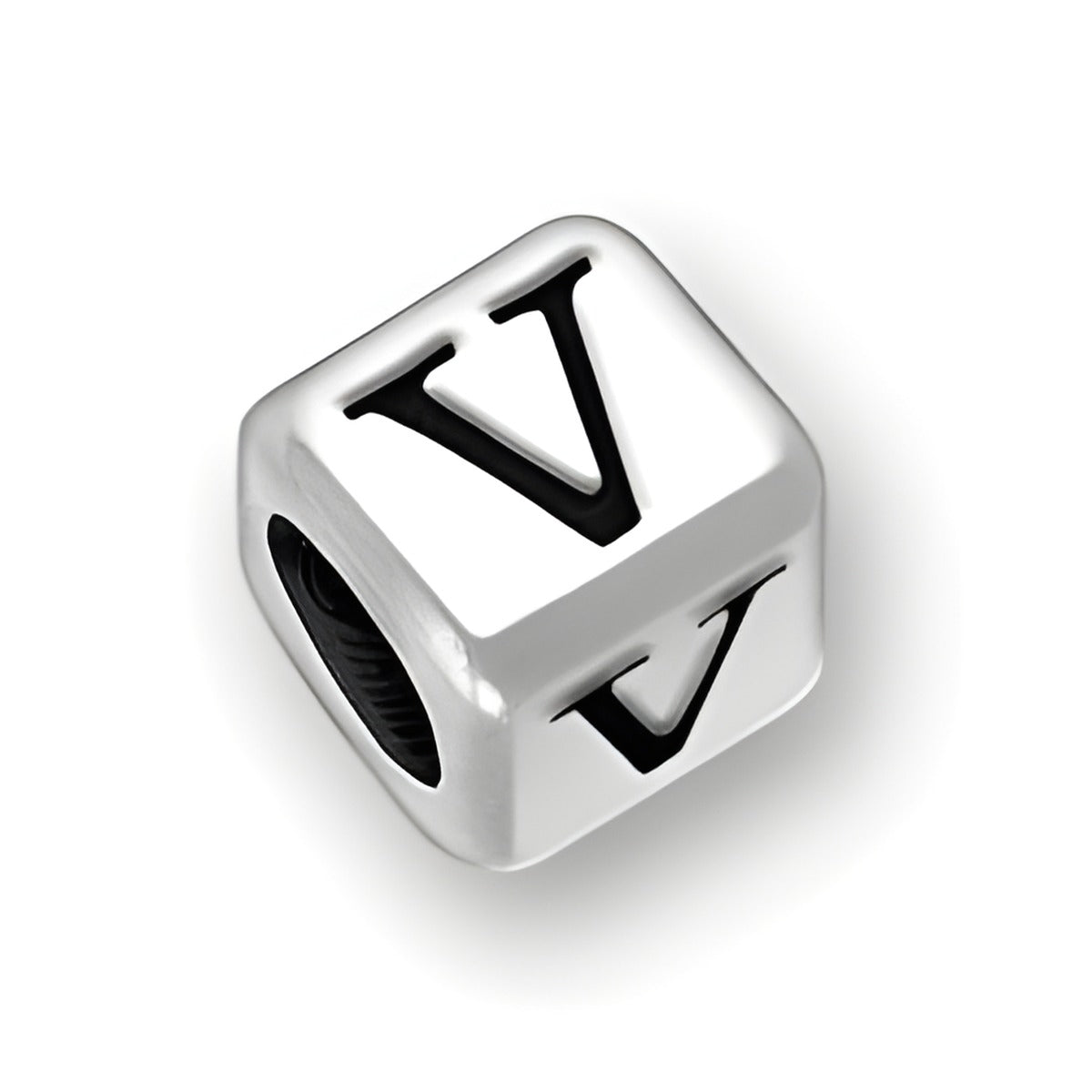 4.5mm rounded square sterling silver letter block bead featuring the letter 'V' with a 3mm hole.