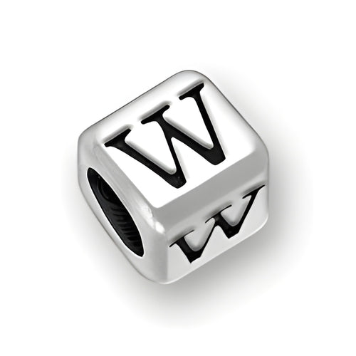 4.5mm rounded square letter block bead in sterling silver featuring the letter 'W' with a 3mm hole.