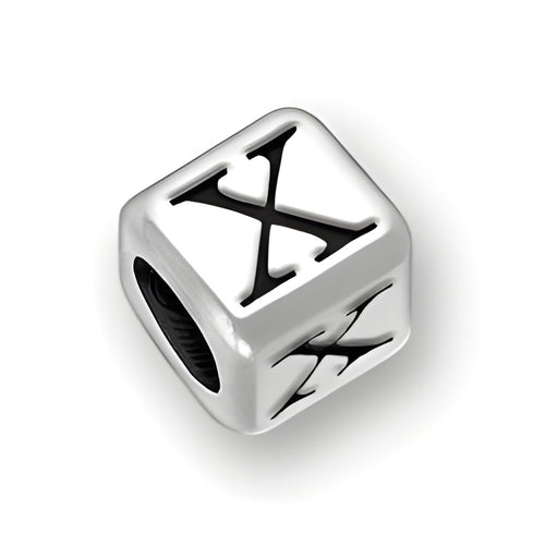 4.5mm rounded square letter block bead in sterling silver featuring the letter 'X' with a 3mm hole.