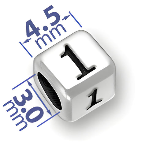 4.5mm rounded square sterling silver letter block bead with a black '1' on one side and a 3mm hole.