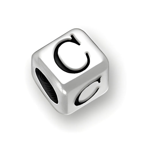 4.5mm rounded square letter block bead in sterling silver featuring the letter 'C' with a 3mm hole.