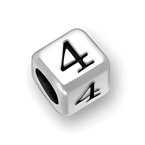 4.5mm rounded square letter block bead in sterling silver featuring the number 4, with a 3mm hole for threading.