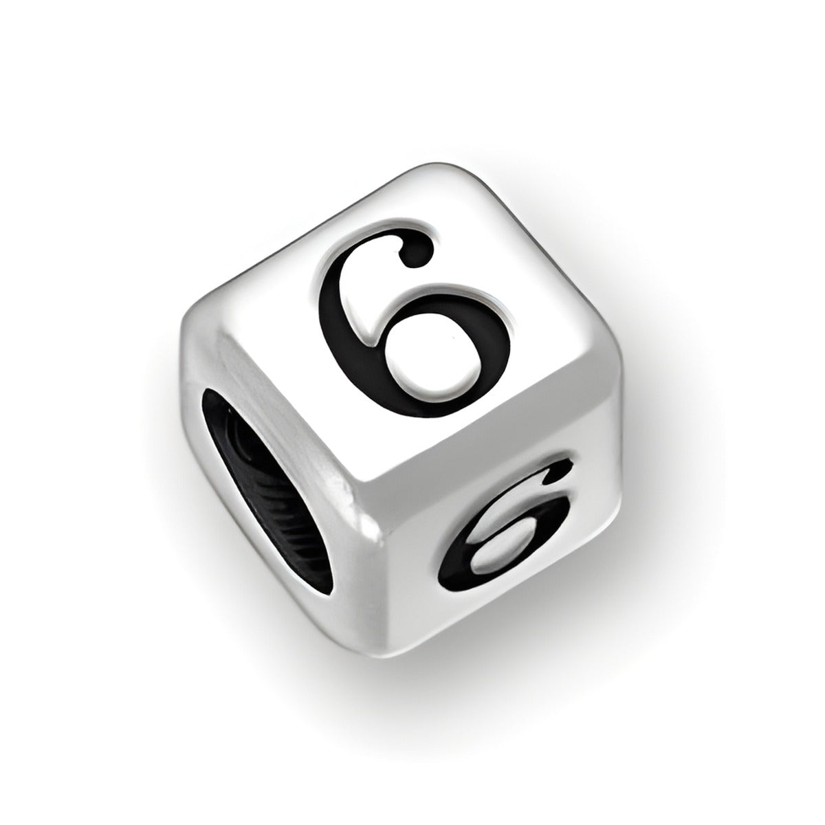 Sterling silver rounded square letter block bead featuring the number 6, with a 3mm hole for threading.