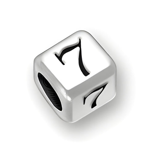 4.5mm rounded square letter block bead in sterling silver featuring the number 7, with a 3mm hole for threading.