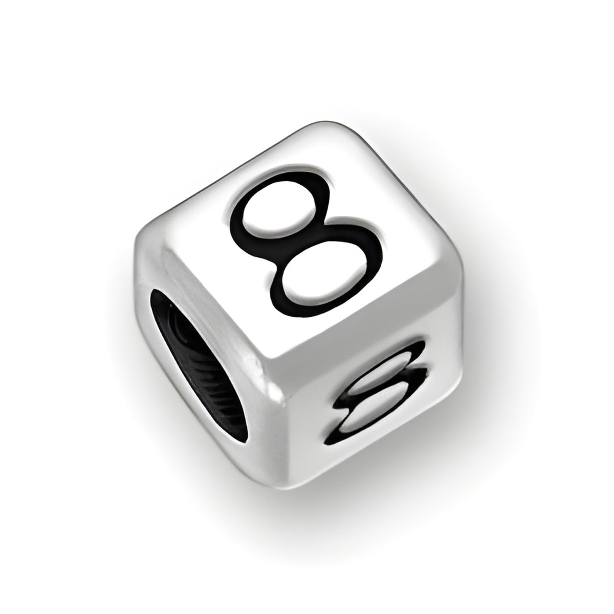 Rounded square sterling silver bead featuring the number 8, with a 3mm hole for threading.