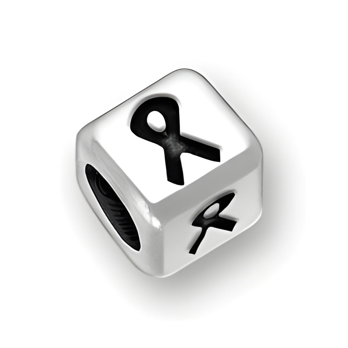 4.5mm rounded square letter block bead in sterling silver featuring black ribbon symbols, 3mm hole for threading.