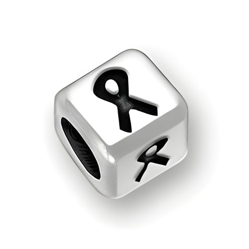 4.5mm rounded square letter block bead in sterling silver featuring black ribbon symbols, 3mm hole for threading.