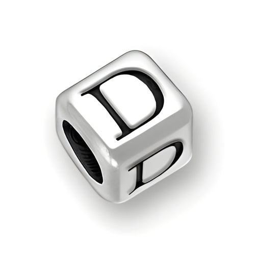 Sterling silver rounded square letter block bead featuring the letter 'D', with a 3mm hole for threading.