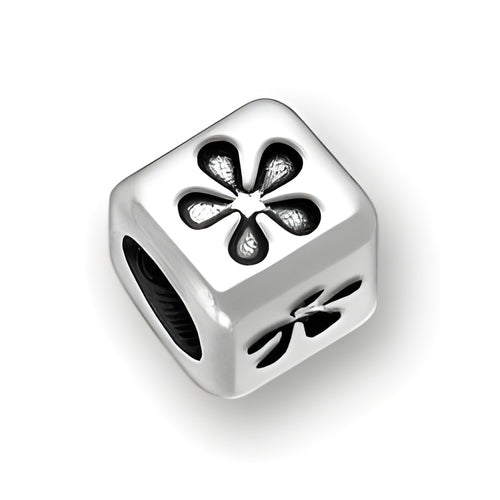 4.5mm Rounded Square Letter Block Bead in sterling silver featuring a flower symbol design and a 3mm hole.