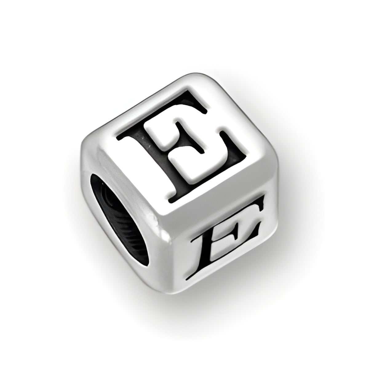 4.5mm rounded square letter block bead in sterling silver, featuring the letter 'E' with a 3mm hole.