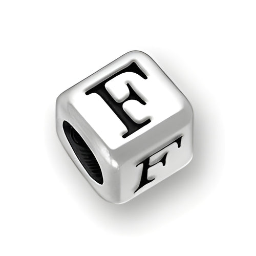 Sterling silver 4.5mm rounded square letter block bead featuring the letter 'F' with a 3mm hole.