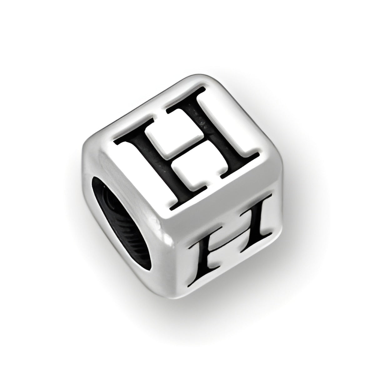 4.5mm rounded square letter block bead in sterling silver featuring the letter 'H' with a 3mm hole.