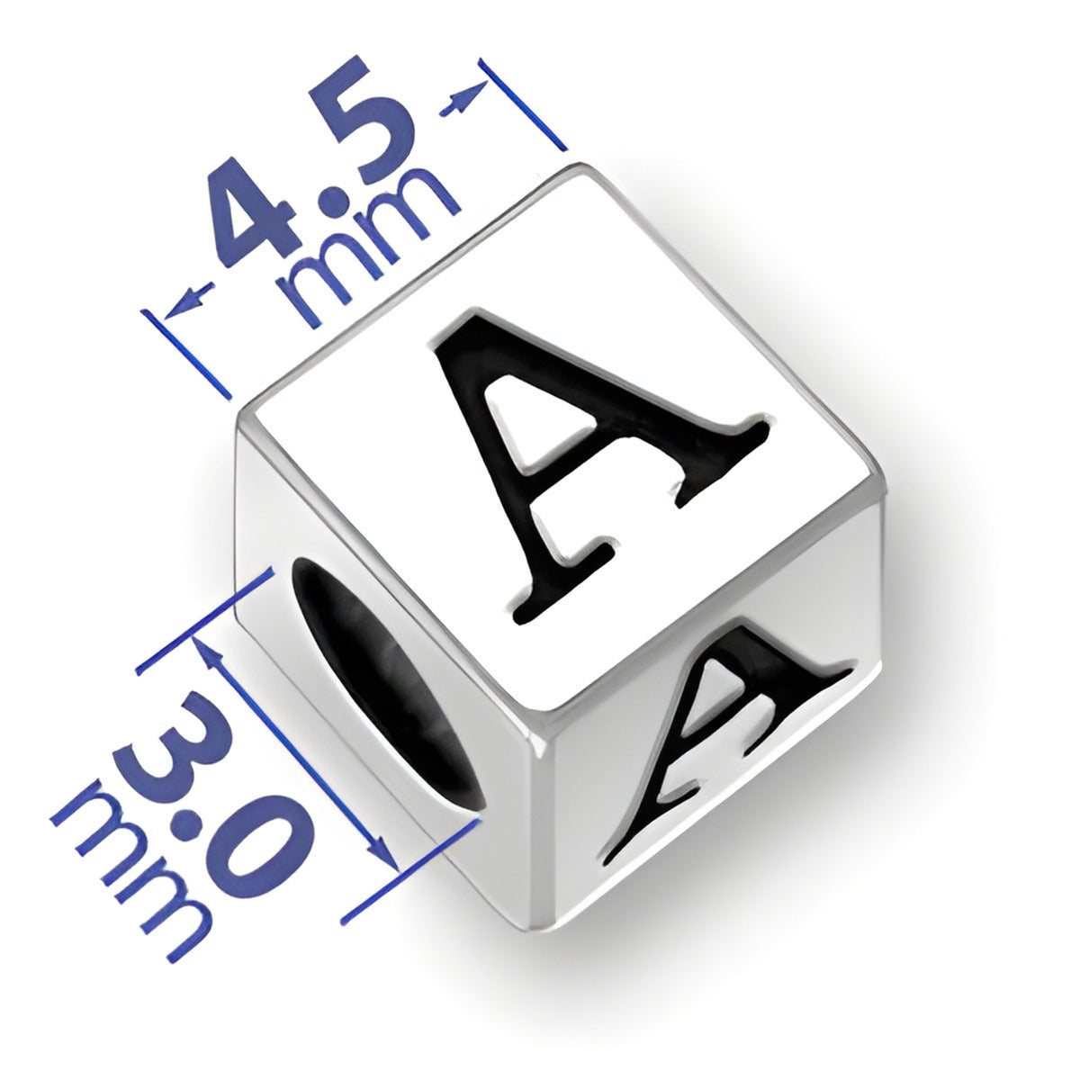 4.5mm square sterling silver letter block bead featuring the letter 'A' with a 3mm hole for threading.