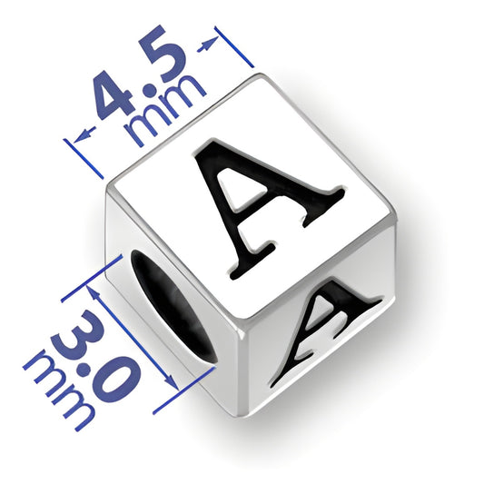 4.5mm square sterling silver letter block bead featuring the letter 'A' with a 3mm hole for threading.