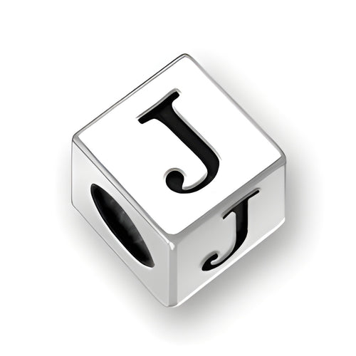 4.5mm square letter block bead in sterling silver featuring the letter 'J' with a 3mm hole for jewelry making.