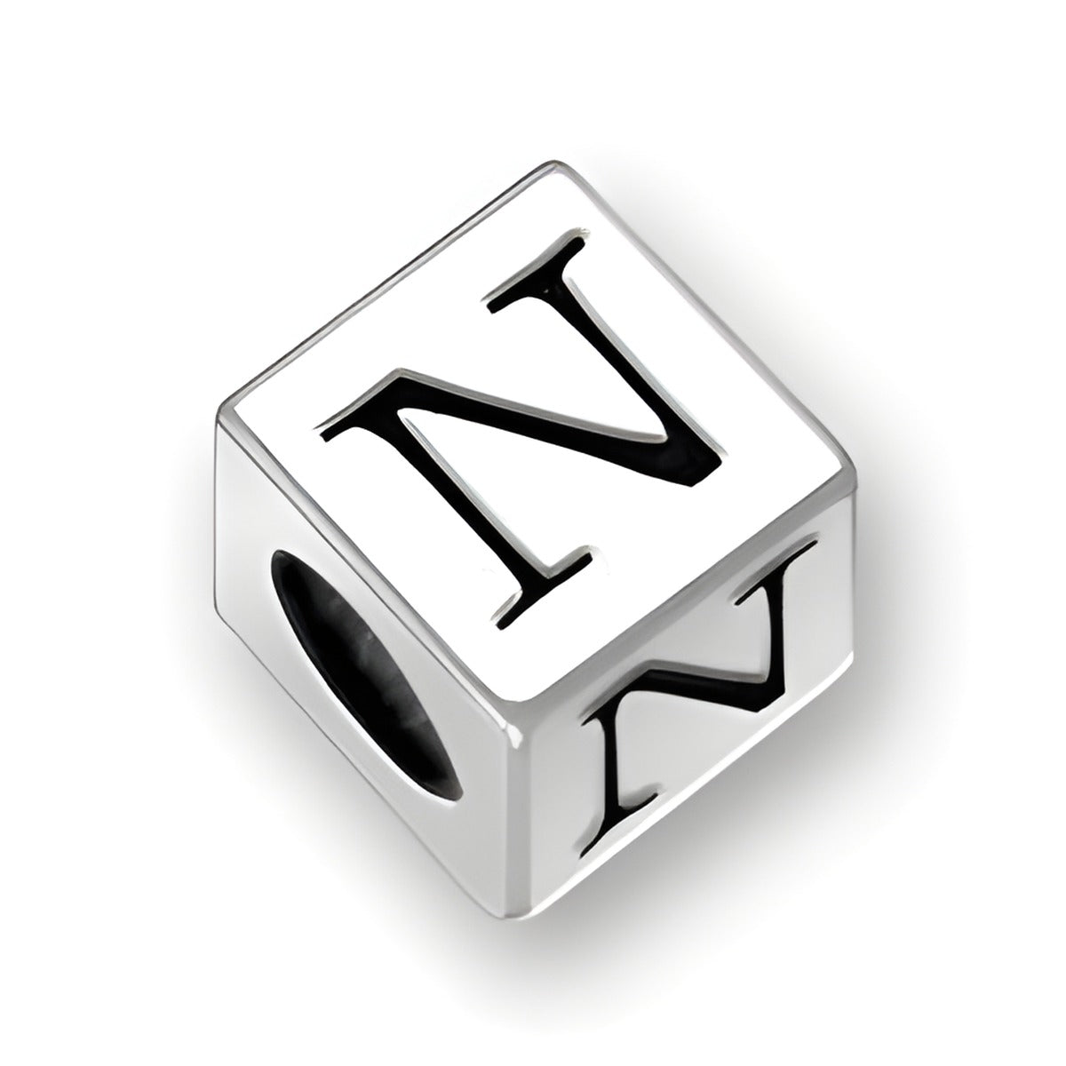4.5mm square sterling silver letter block bead featuring the letter 'N' with a 3mm hole for jewelry making.