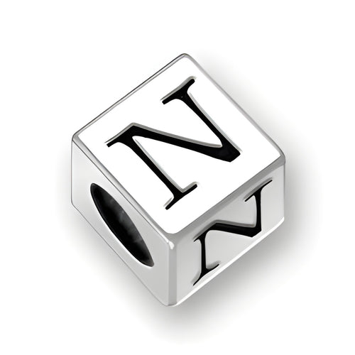 4.5mm square sterling silver letter block bead featuring the letter 'N' with a 3mm hole for jewelry making.