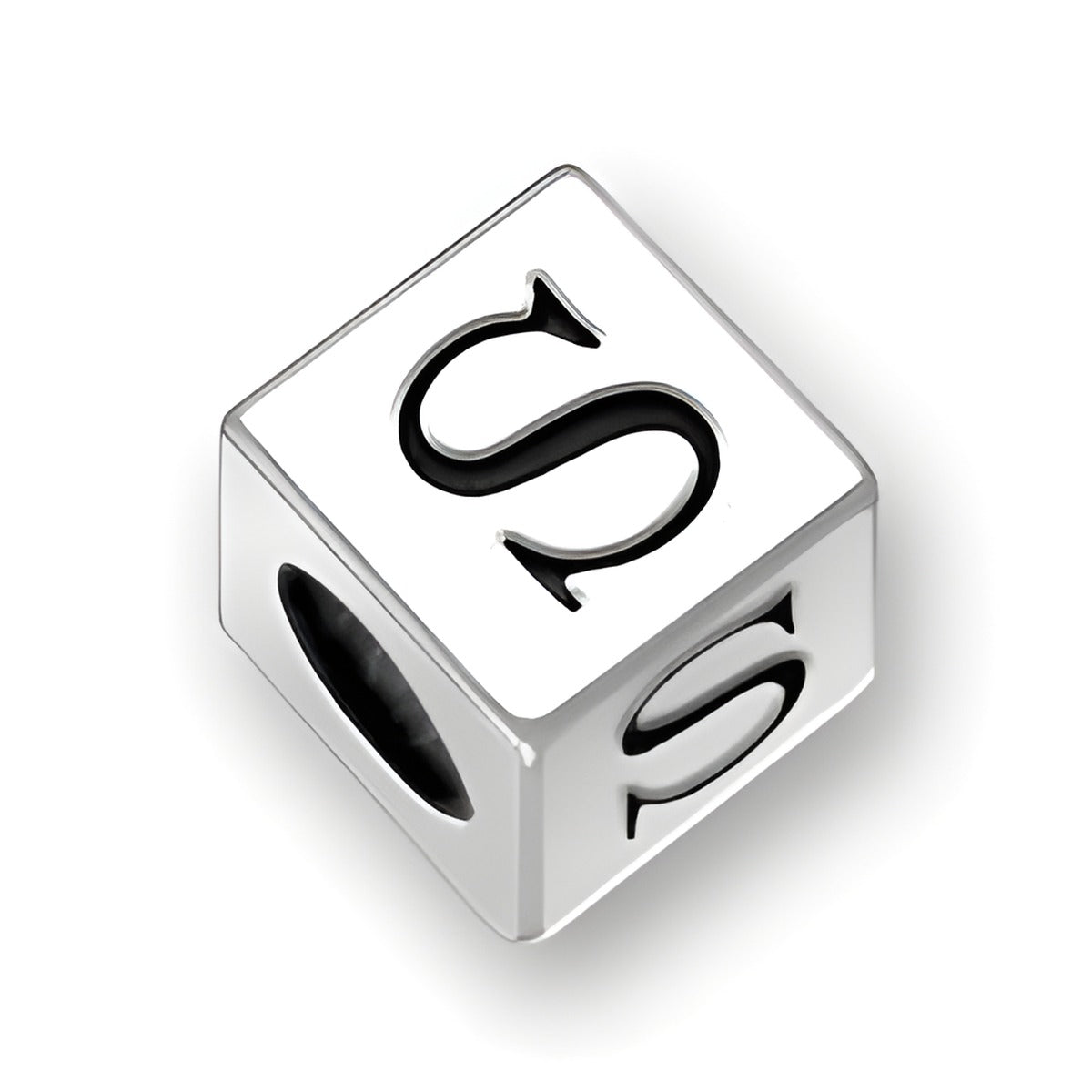 4.5mm sterling silver square letter block bead featuring the letter 'S' with a 3mm hole.