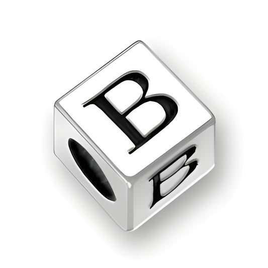 4.5mm square sterling silver letter block bead featuring the letter 'B' with a 3mm hole for threading.