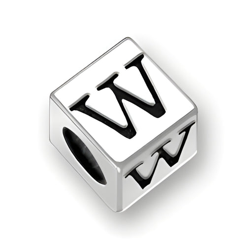 4.5mm square letter block bead in sterling silver featuring the letter 'W' with a 3mm hole for threading.