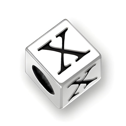 4.5mm square letter block bead in sterling silver featuring the letter 'X' with a 3mm hole.