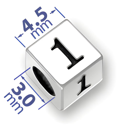 4.5mm square sterling silver letter block bead featuring the number '1', with a 3mm hole for threading.
