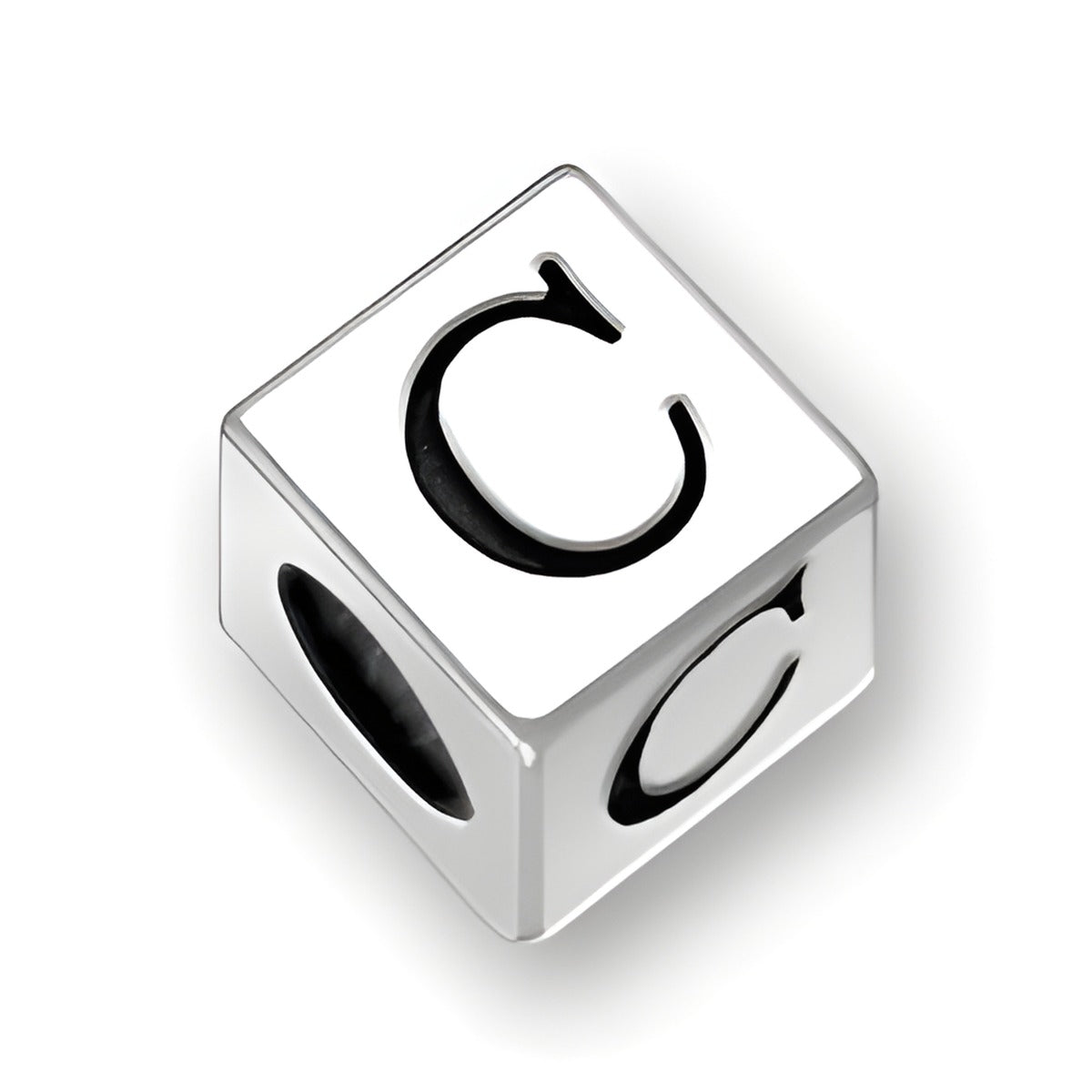 4.5mm square sterling silver letter block bead featuring the letter 'C', with a 3mm hole for threading.