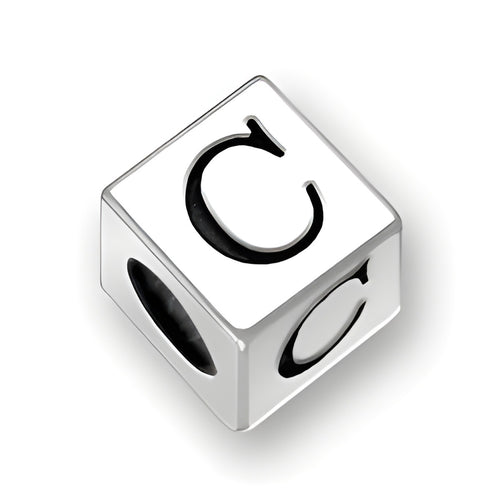 4.5mm square sterling silver letter block bead featuring the letter 'C', with a 3mm hole for threading.