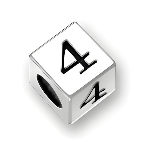 4.5mm Square Letter Block Bead in sterling silver featuring the number '4' with a 3mm hole for jewelry making.