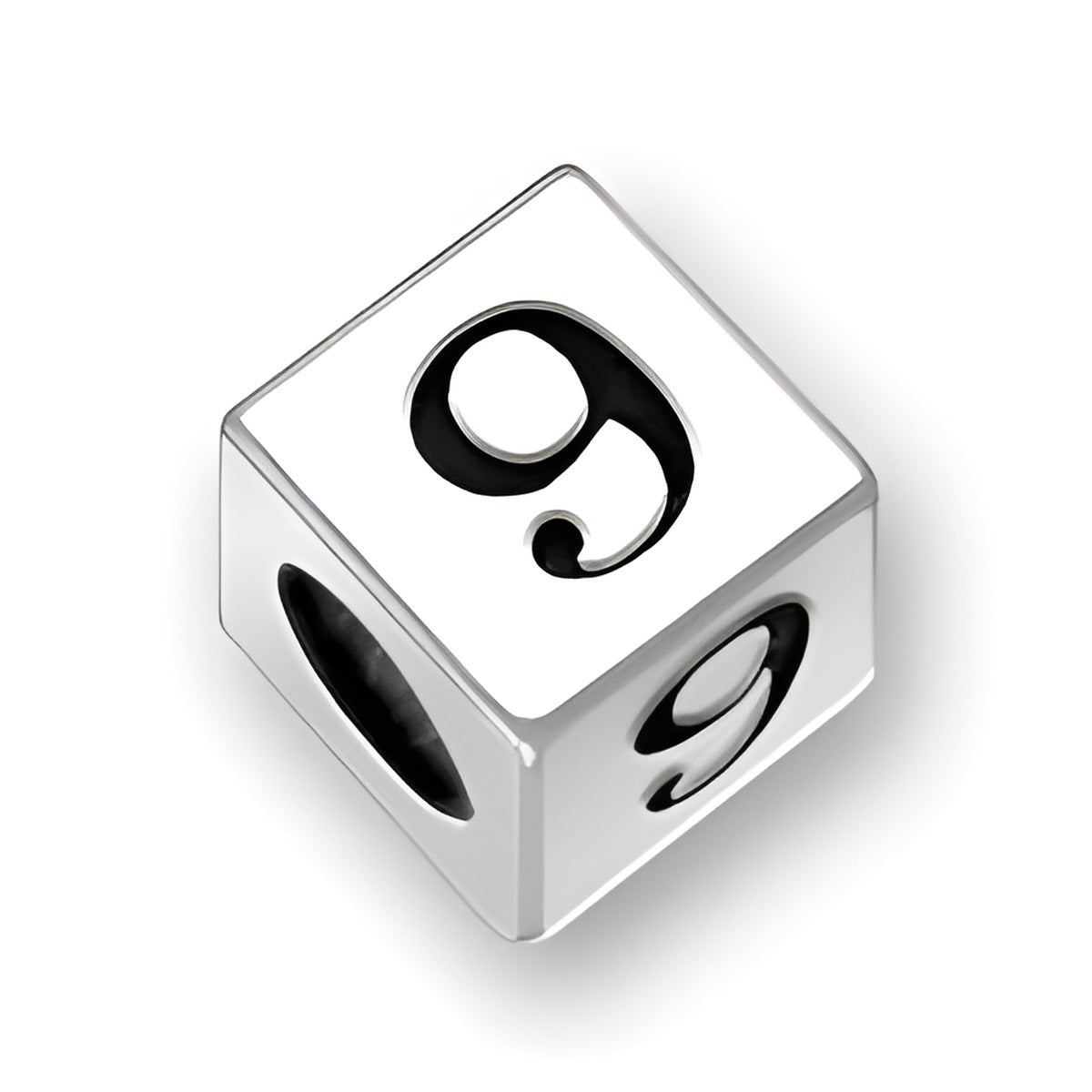 4.5mm square letter block bead in sterling silver featuring the number 9, with a 3mm hole for threading.